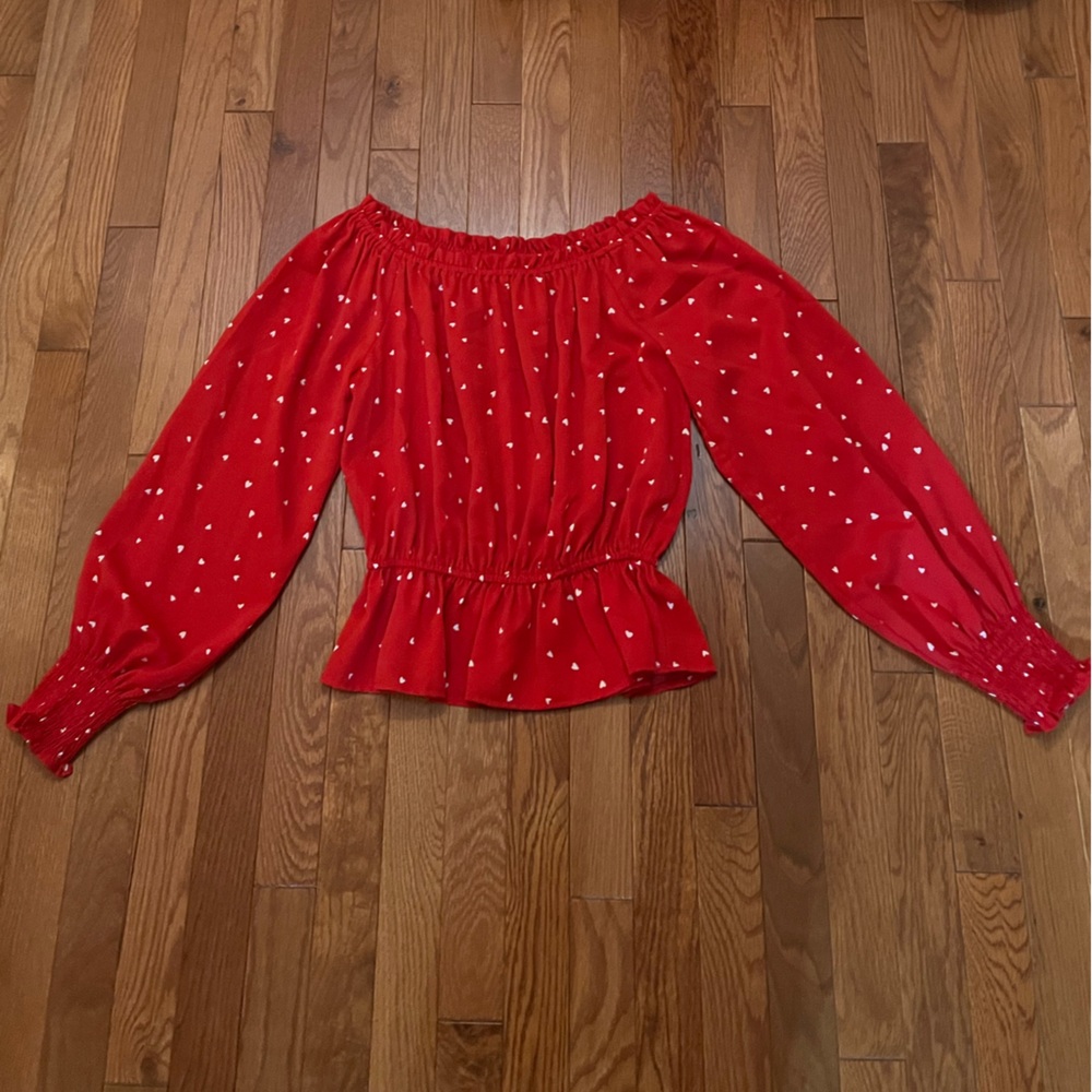 Red White Heart Print Long Sleeve Smock Blouse Women Size S